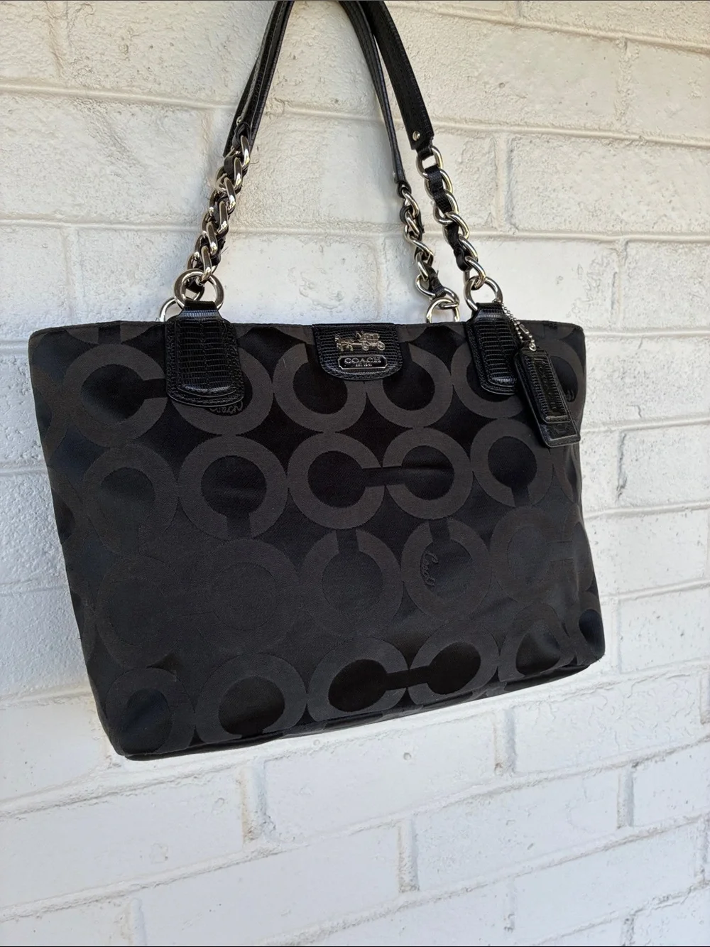 Coach Coach Black Signature Nylon Mia Opaque Chain Tote - Picture 2 of 12